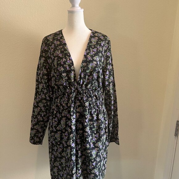 Zara Dress Womens Black Purple Floral Mini Long Sleeve Deep V Cotton Cottage XXL - Picture 2 of 8